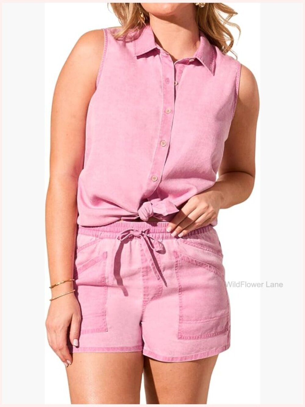 Sleeveless V-Neck Crochet Trim Blouse Flowy Fit